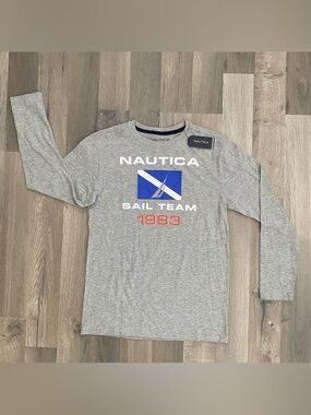 Nautica Shirt Youth Large 14/16 Long Sleeve Grey Sail Team Logo New With Tags